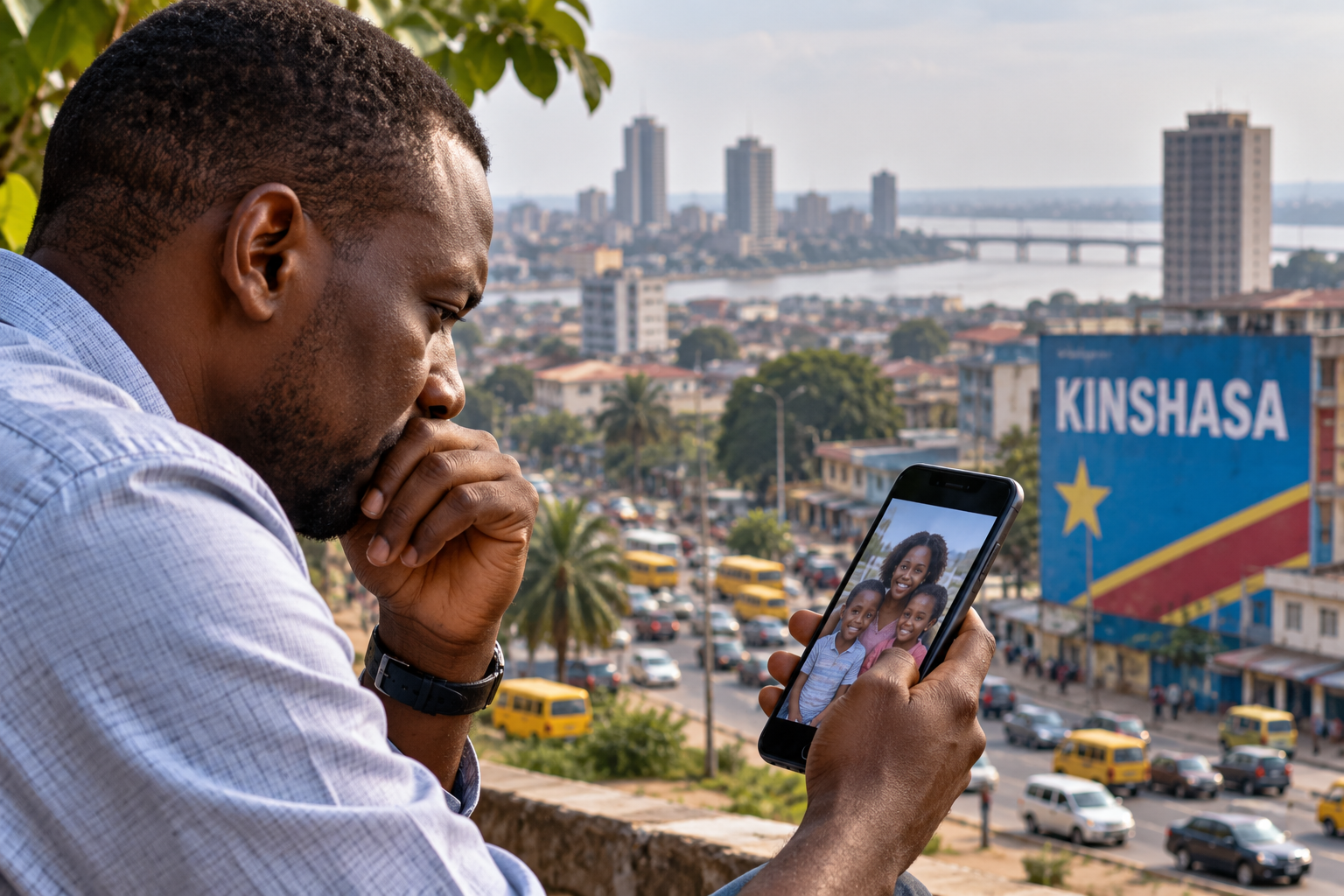 Illustration d’une personne à Kinshasa préoccupée par la séparation familiale
