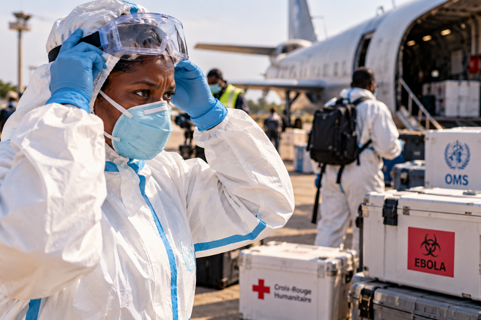 Illustration d’un professionnel de santé préparant son équipement sur un tarmac