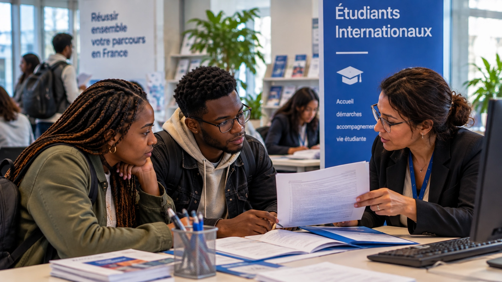 Deux étudiants internationaux échangent avec une conseillère dans un accueil universitaire — scène fictive.