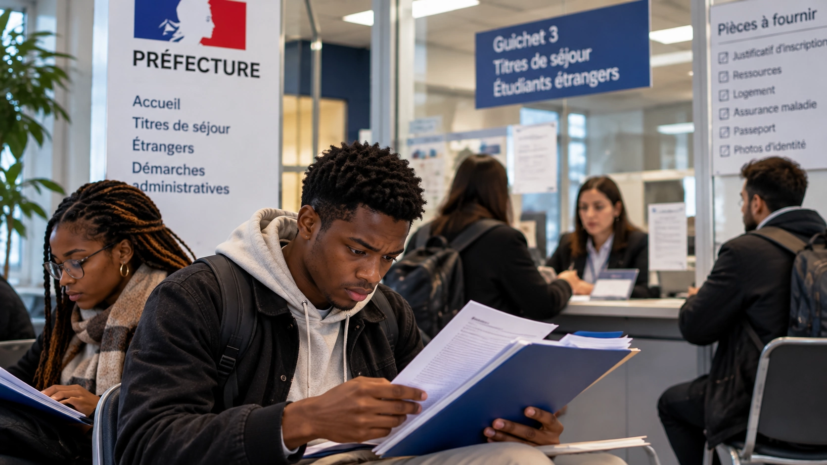 Des étudiants consultent leurs documents dans un espace administratif évoquant une préfecture — scène fictive.
