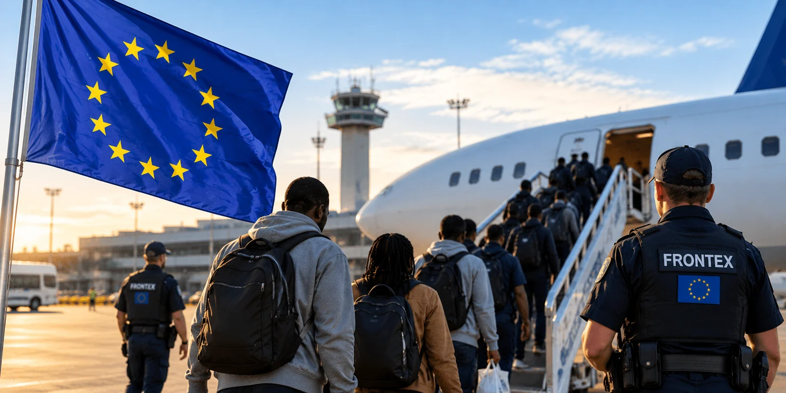 Transfert sous supervision de Frontex à l’aéroport — illustration fictive générée par IA.