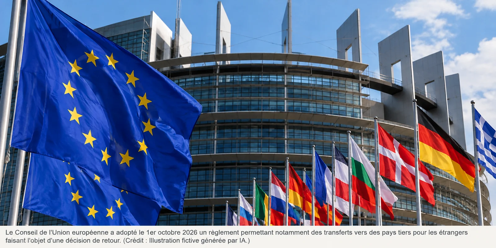 Drapeau européen devant le Parlement européen. Légende et crédit intégrés au visuel.