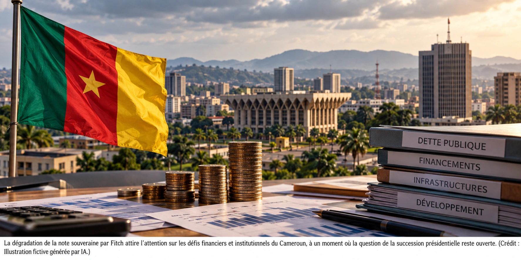 Finances publiques au Cameroun — illustration fictive générée par IA, légende et crédit intégrés