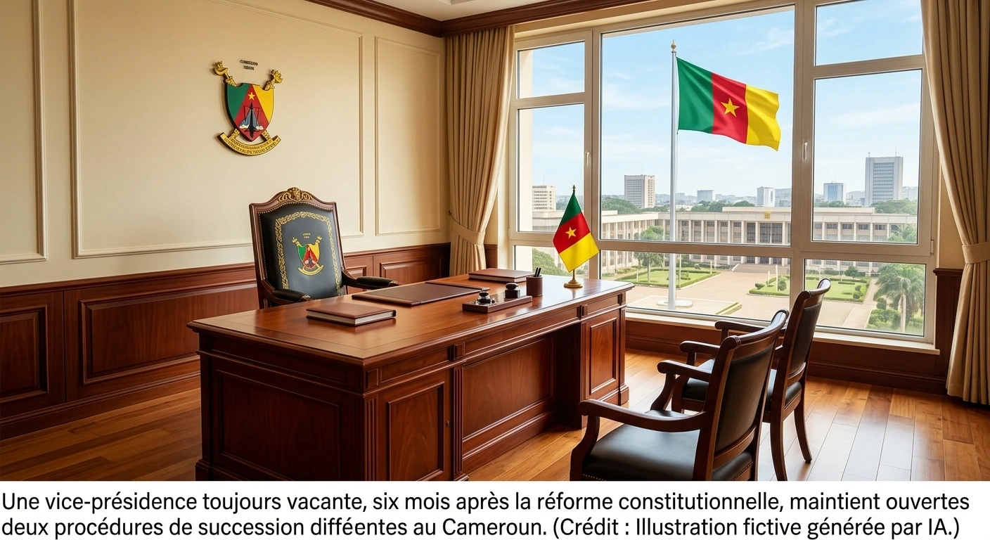 La vice-présidence camerounaise vacante — illustration fictive générée par IA, légende et crédit intégrés
