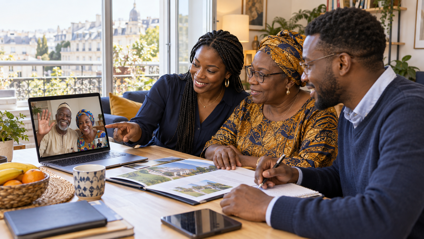 Une famille de la diaspora prépare un projet avec des proches en visioconférence
